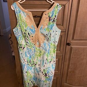Lilly Pulitzer Blue and Green Shift Dress with Coral Pattern and Gold Trim